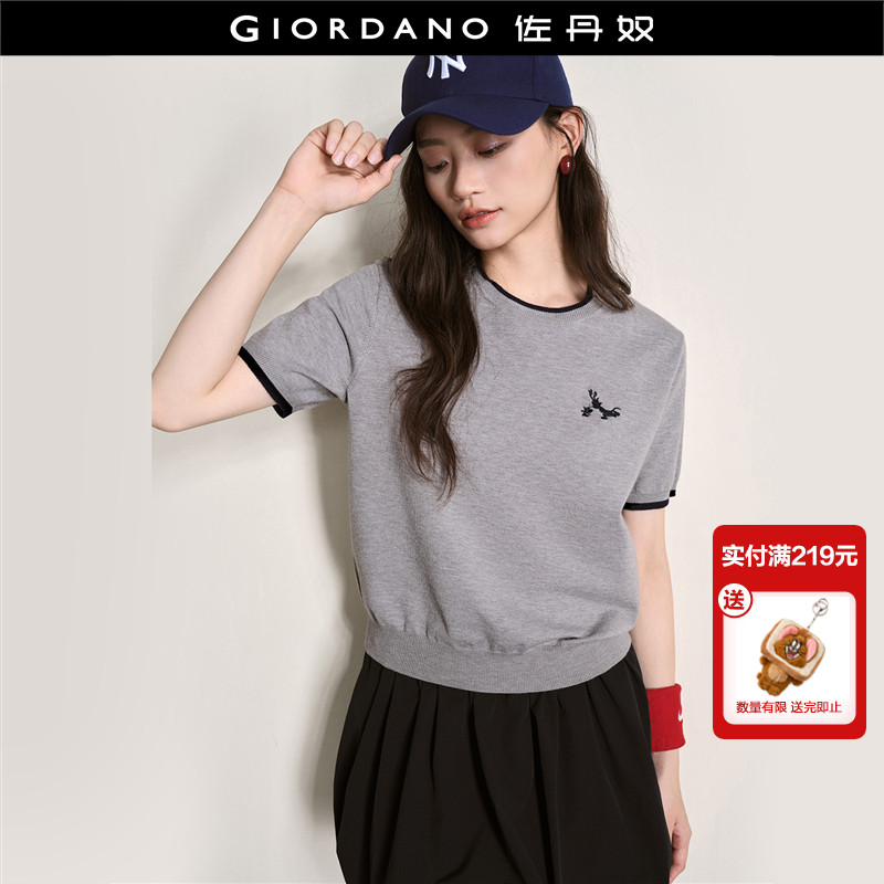 [猫和老鼠联名]佐丹奴针织衫女刺绣宽松撞色圆领短袖上衣18356807