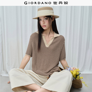 佐丹奴针织衫女装条纹撞色V字翻领短袖套头针织衫 18356510