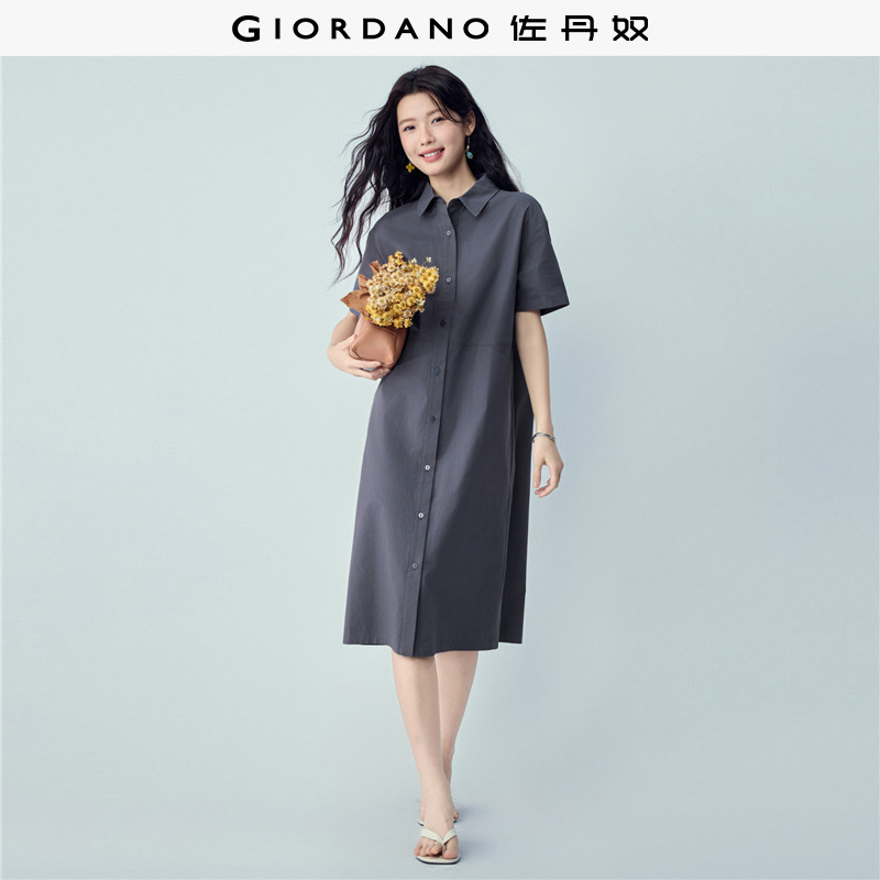 佐丹奴短袖裙子女2026年夏季纯棉破骨收褶翻领衬衫连衣裙13466228