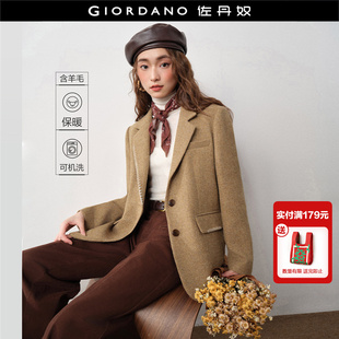 设计师款 外套女18375718 佐丹奴撞色勾线平驳领宽松高智感毛呢西装