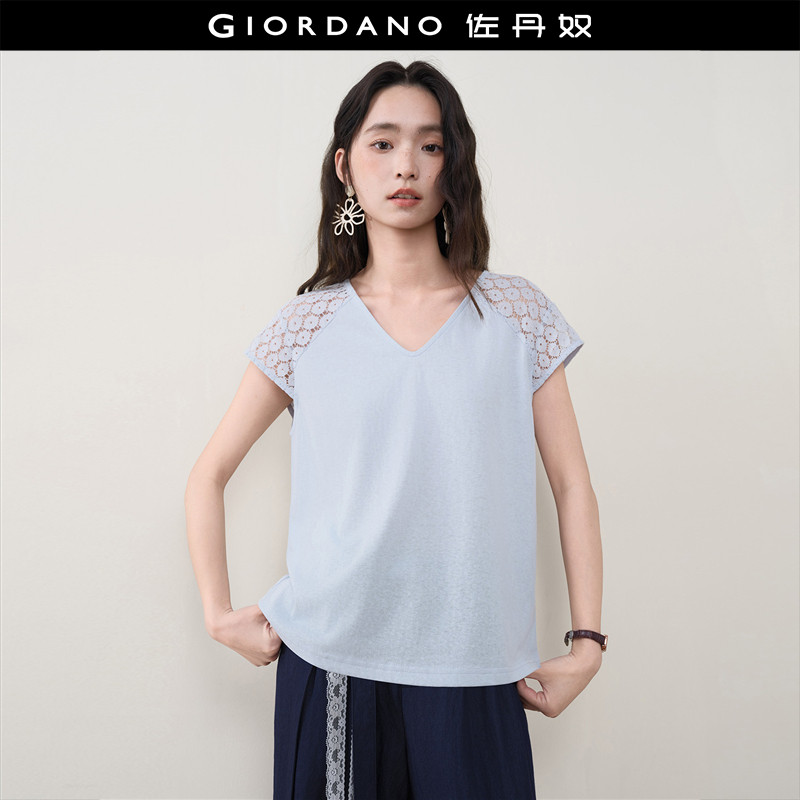 设计师款佐丹奴短袖T恤女夏新款肩部拼接蕾丝V领蓝色上衣18326707