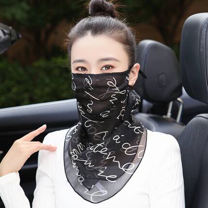 100%桑蚕丝真丝口罩护颈透气薄款防晒面纱女骑车格子面罩围巾夏季
