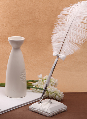 4款婚礼用品 35cm中号白色羽毛笔 结婚签到笔羽毛笔笔座婚庆摆台