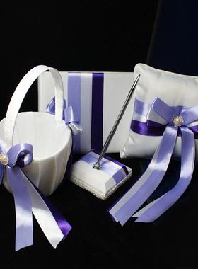 紫罗兰色绸缎结婚戒枕 西式婚庆用品 欧美新娘配件花篮签名册