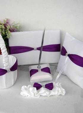 欧式婚礼钻饰紫带白缎布蝴蝶结花童篮+戒枕+签到簿笔+新娘吊袜带