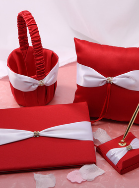 婚庆道具宾客留言簿册结婚新娘用品仪式布置红布白带金钻戒托花篮