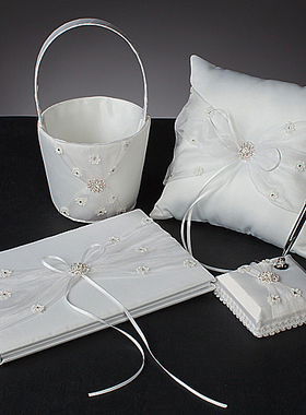 婚礼婚庆用品西式欧美新娘用品白色缎雏菊钻花结婚戒枕花篮签到本