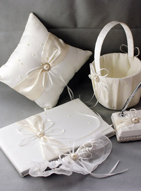 欧美爆款结婚用品新娘米白珍珠蝴蝶结签名簿签到笔花篮戒枕袜带
