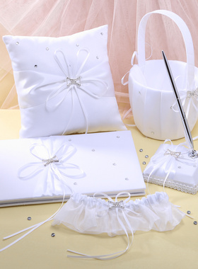 欧美婚礼漂白钻饰花童手提撒花篮伴娘戒指枕签名册新娘吊袜带套装