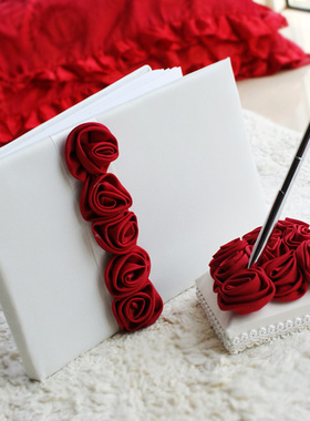 11款结婚用品 红玫瑰缎布花婚礼签名本 宾客签到册签到笔2件套 粉