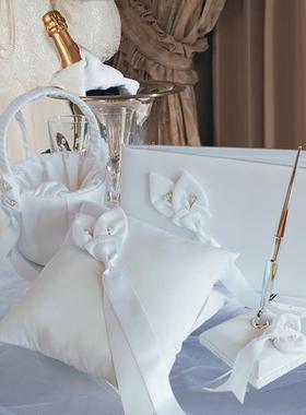 西式婚庆纯美白色百合马蹄莲结婚花篮戒指枕托盒婚礼签到本套装