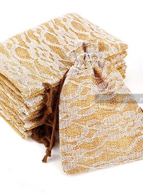 10个结婚白色蕾丝束口袋抽绳麻布喜糖袋 回礼袋糖果袋子 婚礼用品