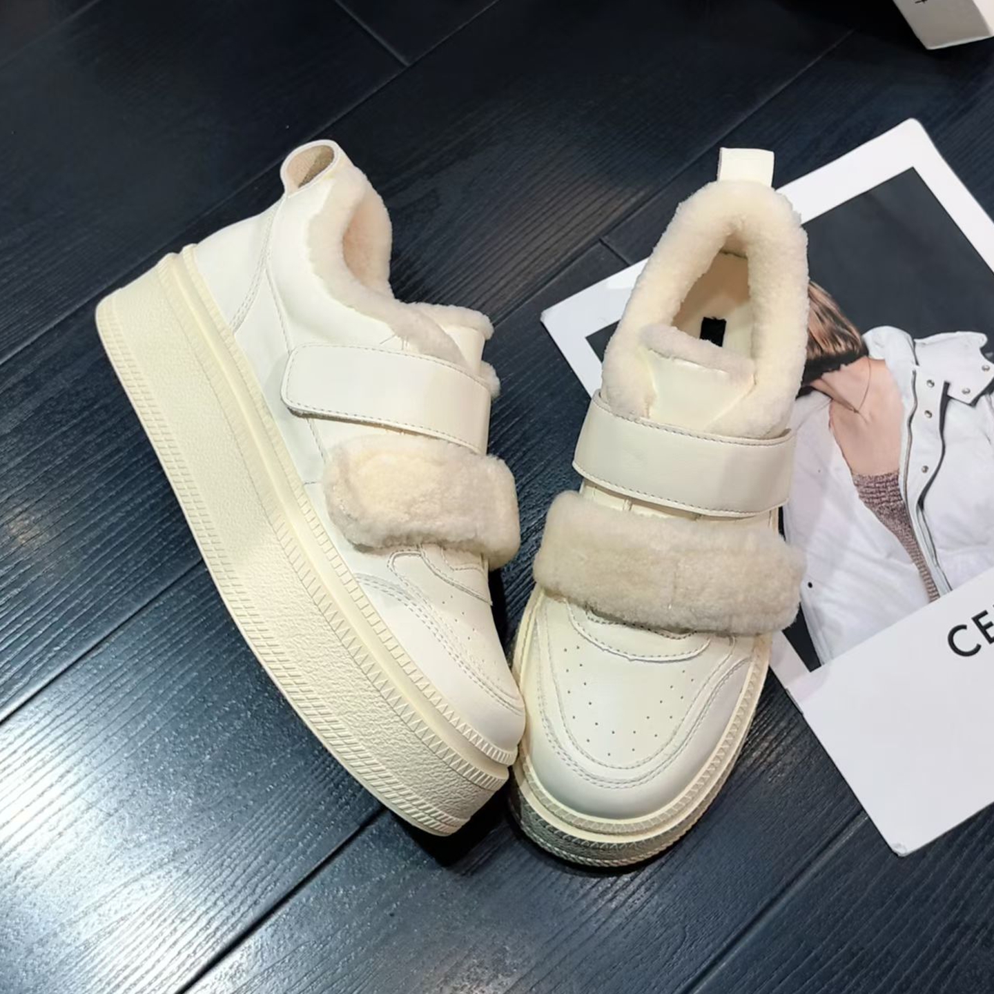 牛皮拼羊毛圆头魔术贴厚底休闲鞋