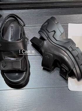 ICAN牛皮松糕厚底魔术贴凉鞋