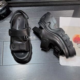ICAN欧货女鞋2026夏季新款牛皮圆头露趾松糕厚底魔术贴休闲凉鞋