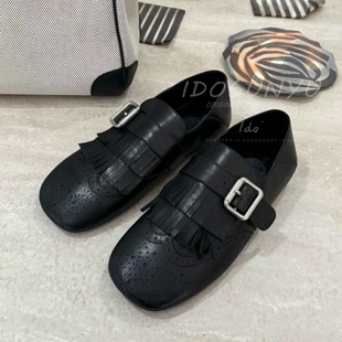 IDO/TT欧货女鞋2026年早春新款牛皮方头布洛克雕花流苏平底乐福鞋