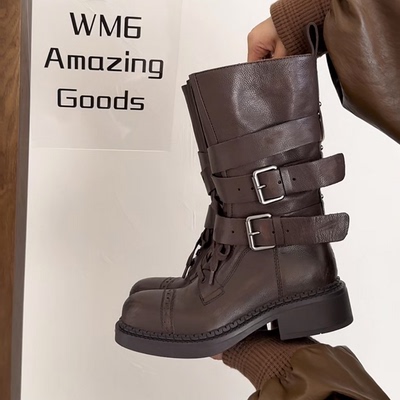 机车战靴马丁靴牛皮方头皮带扣