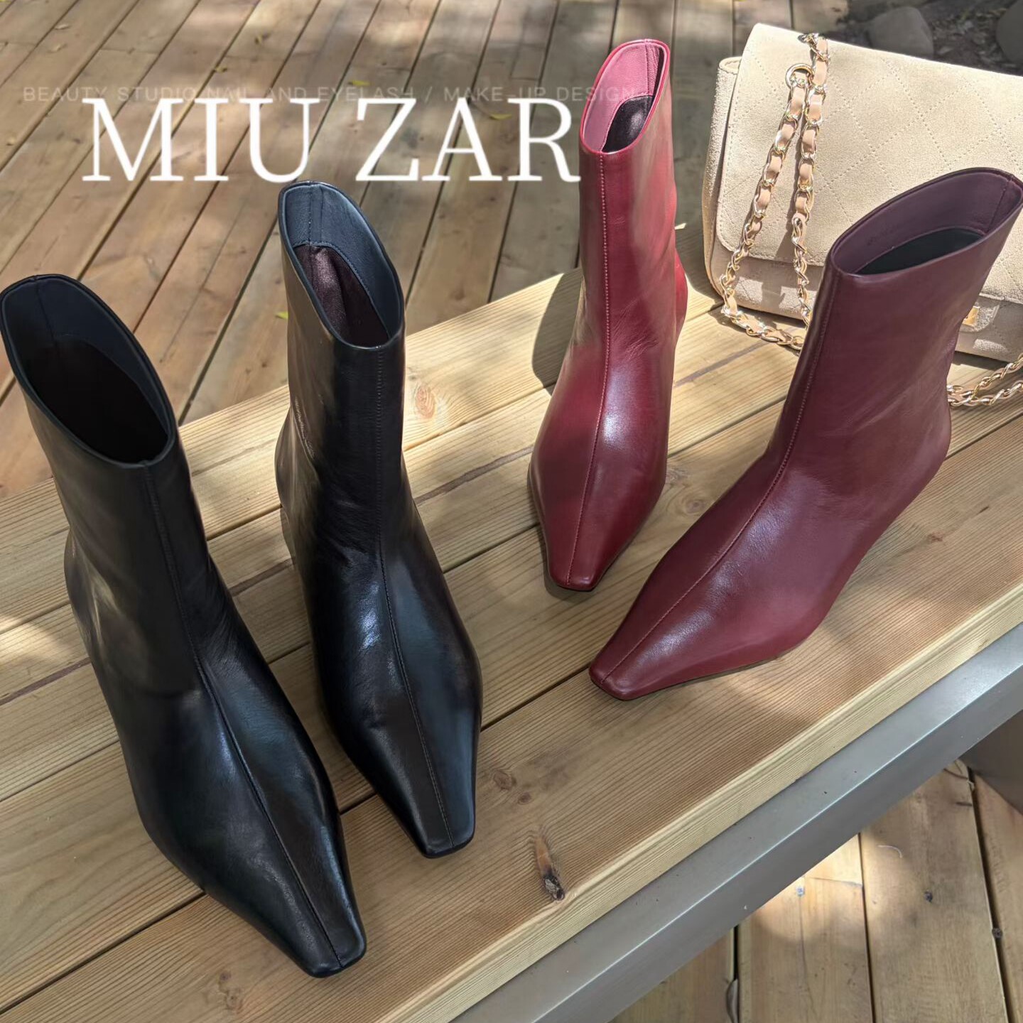 妙莎MIUZAR牛皮方头粗跟短靴