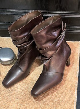 冬季牛皮方头粗跟堆堆短靴