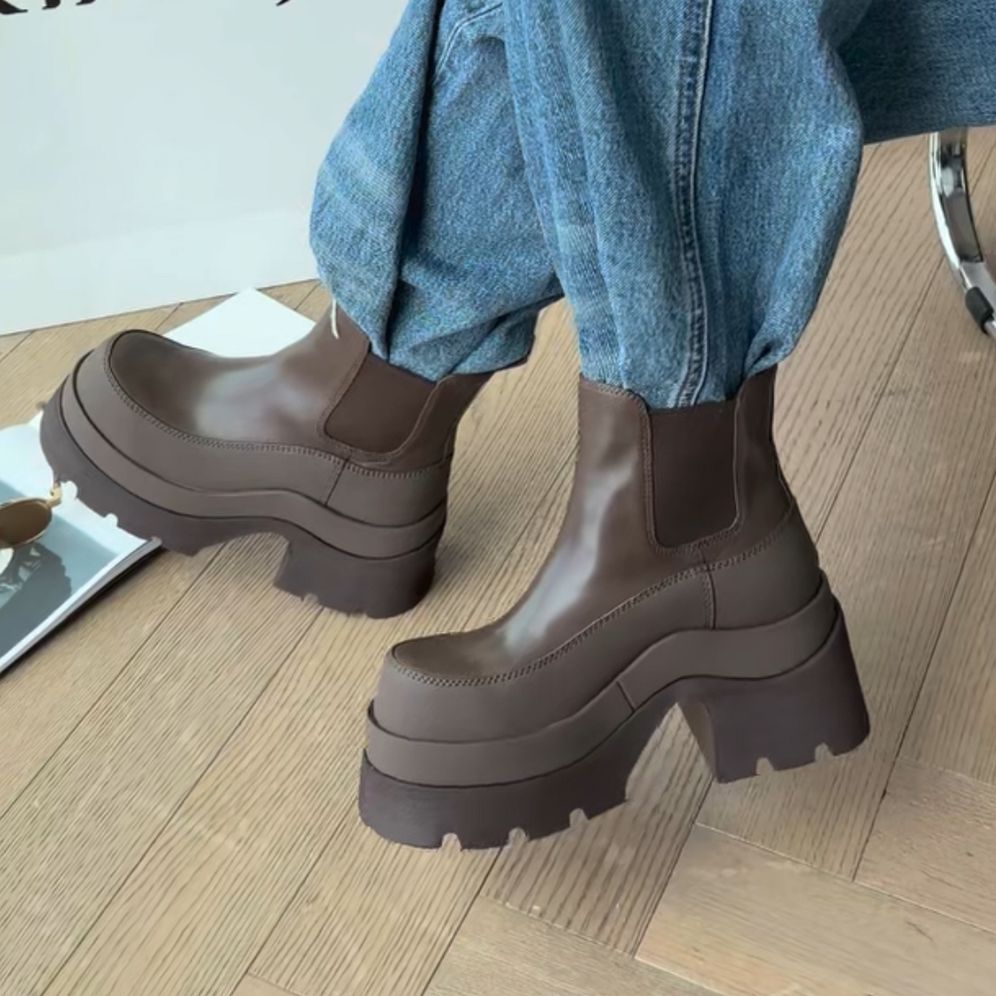 牛皮圆头套筒松糕厚底百搭马丁靴