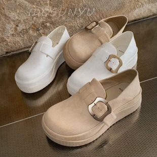 IDO/TT欧货女鞋2026早春新款擦色牛皮圆头皮带扣可踩脚厚底乐福鞋
