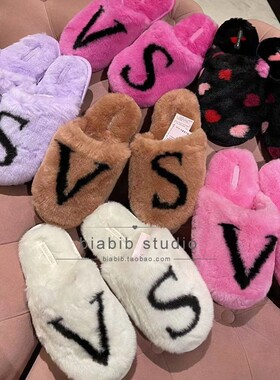 现货 维多利亚的秘密VS维密水钻绒面平底拖鞋 冬季毛绒拖鞋 室内