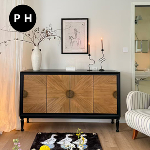 PH家居 复古安曼柜实木餐边柜客厅储物柜四门收纳柜老钱风竹节柜