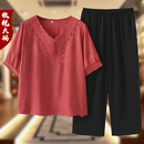 中老年人夏装短袖套装女妈妈装宽松大码T恤上衣奶奶夏季刺绣衣服