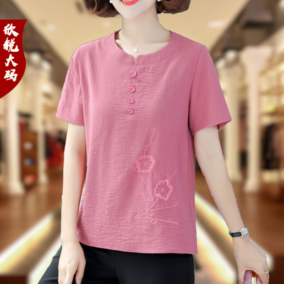 夏季绣花薄款短袖t恤女宽松大码