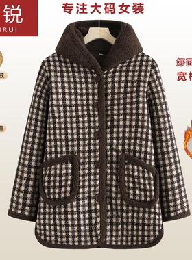 妈妈装棉衣女冬保暖加绒加厚中款洋气中老年宽松格子连秋冬帽棉袄