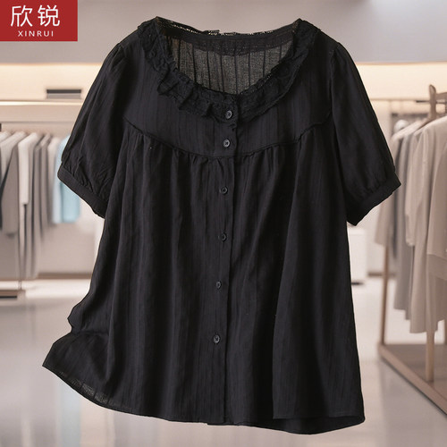 胖妈妈夏装短袖蕾丝遮肚显瘦衬衫
