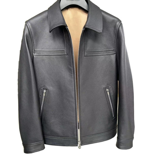 男士头层鹿皮真皮皮衣翻领夹克黑色 riri拉链真丝桑蚕丝里布