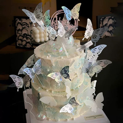 网红同款女神仙女生日蛋糕炫彩蝴蝶仿真蝴蝶插件立体蝴蝶蛋糕装饰