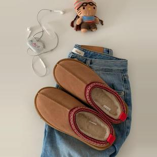 Opening自制 |2024冬季网红加绒半拖鞋百搭真皮厚底保暖雪地靴韩