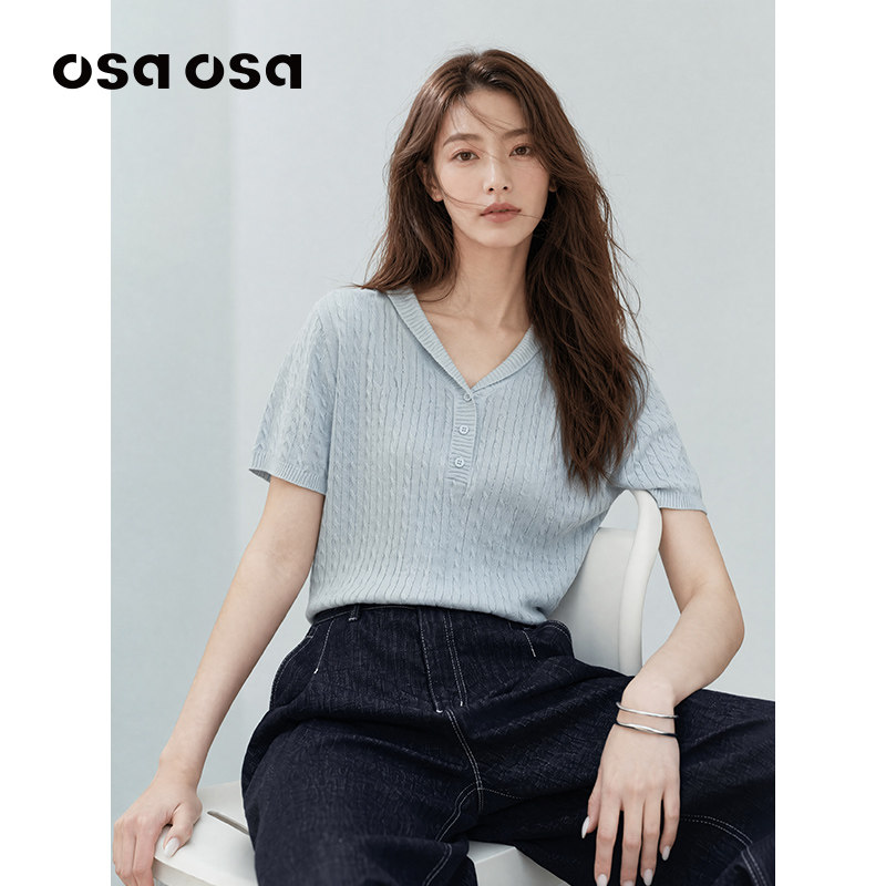 OSA欧莎老钱风青果领短袖针织衫女夏季麻花纹理气质上衣针织小衫