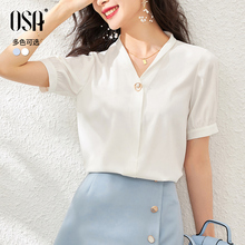 OSA气质OL白色职业雪纺衬衫女夏季2020年新款薄款短袖v领衬衣上衣