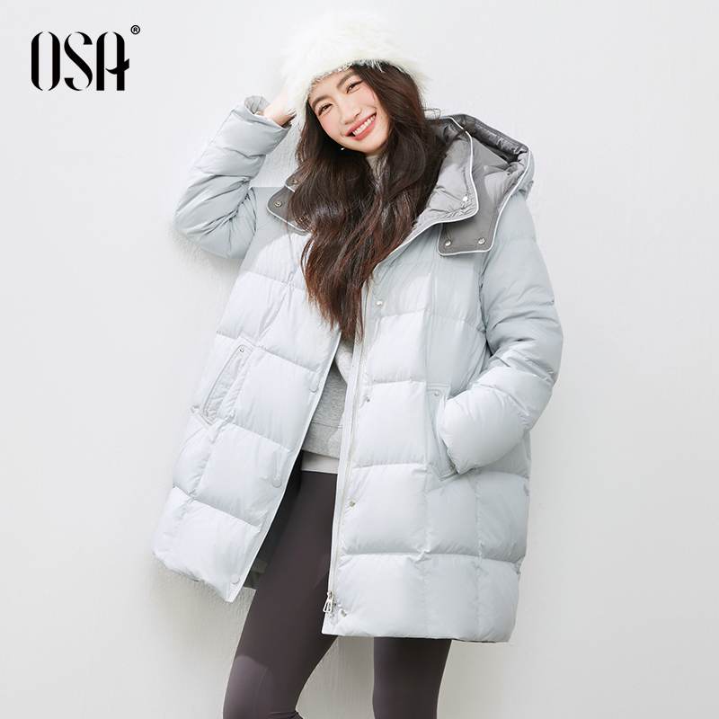 OSA欧莎中长款连帽羽绒服女2025冬季新款高级感撞色领白鸭绒外套