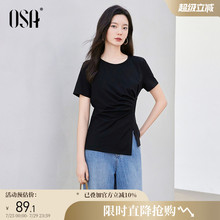 OSA欧莎黑色不规则短袖t恤女夏季2025年新款短款设计感体恤上衣潮