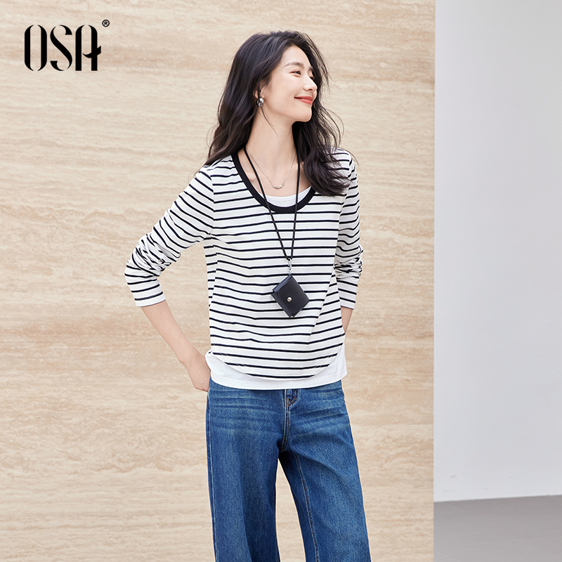 OSA欧莎黑白条纹针织T恤女士