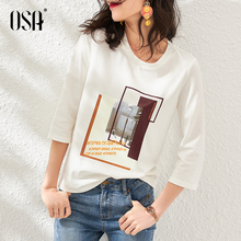 OSA白色印花字母T恤女秋装2020新款七分袖内搭打底体恤上衣宽松夏