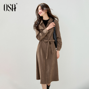OSA欧莎半高领假两件磨毛连衣裙女2025冬季 气质通勤翻领长裙 新款