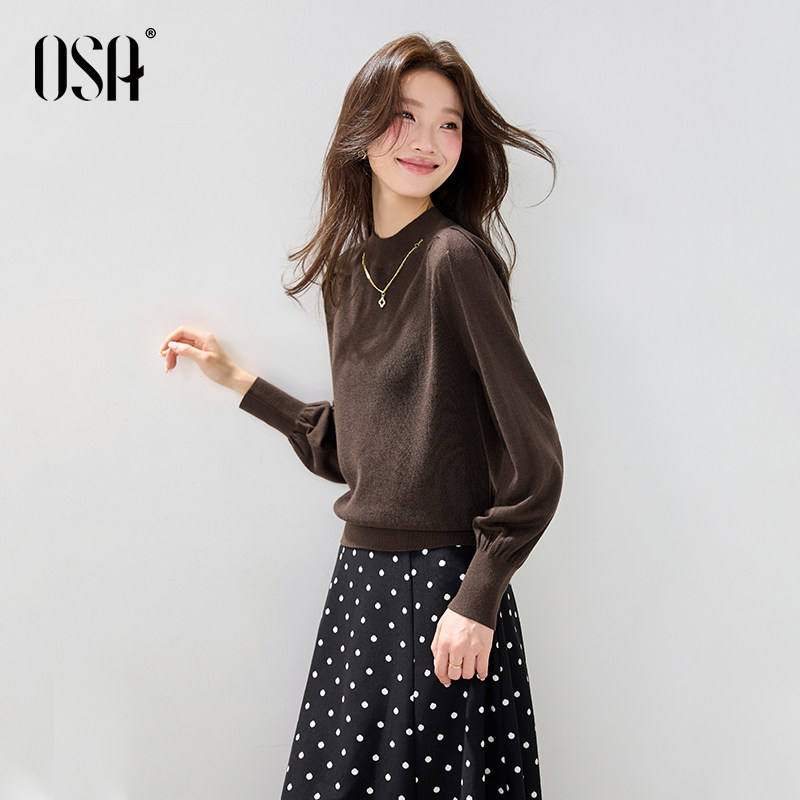 OSA欧莎半高领打底针织衫女2025冬季新款百搭纯色灯笼袖内搭上衣