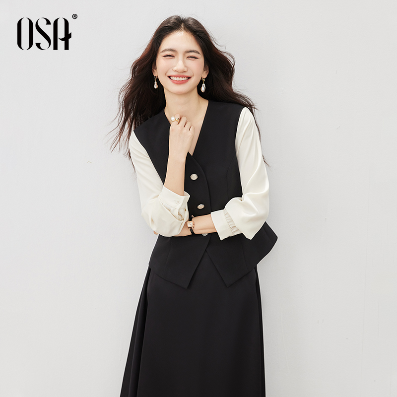 OSA欧莎撞色拼接灯笼袖衬衫上衣女秋季新款气质收腰显瘦职场小衫