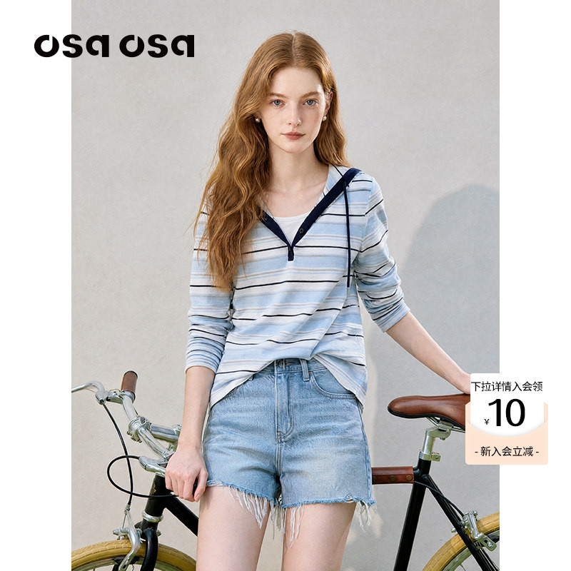 OSA蓝白条纹V领假两件针织T恤图片