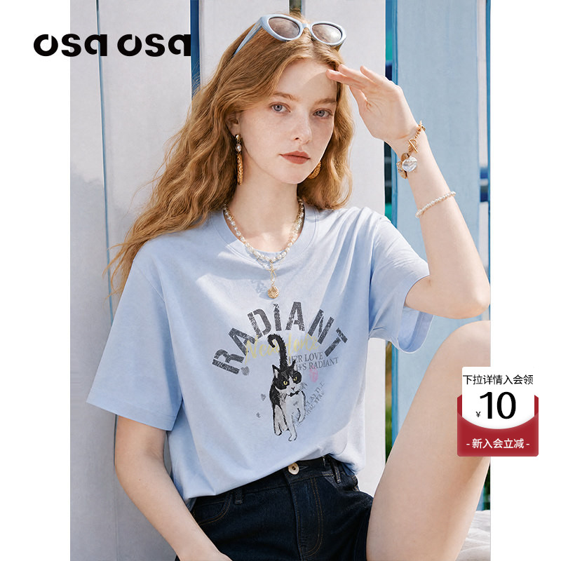 OSA趣味猫咪印花短袖T恤上衣图片