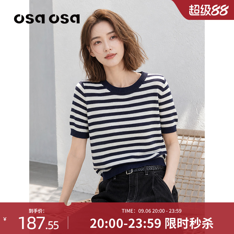 OSA呼吸感条纹撞色针织衫短袖图片