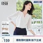 法式 新款 蕾丝拼接衬衣上衣 女夏季 OSA欧莎气质通勤镂空V领雪纺衬衫