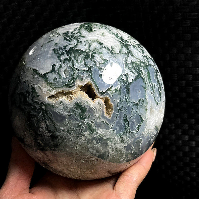天然水草玛瑙球 绿色水晶球水草玛瑙 原石打磨家居饰品玄关摆件