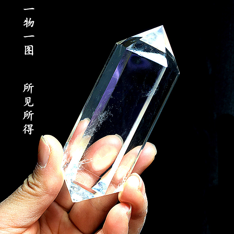 天然巴西茶白水晶双尖柱原石打磨六棱柱家居办公桌面装饰摆件饰品