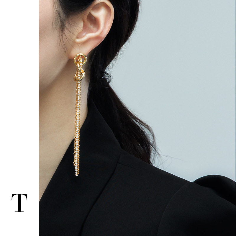 2025新款黄铜电镀真金气质小众长款锆石链条流苏耳环